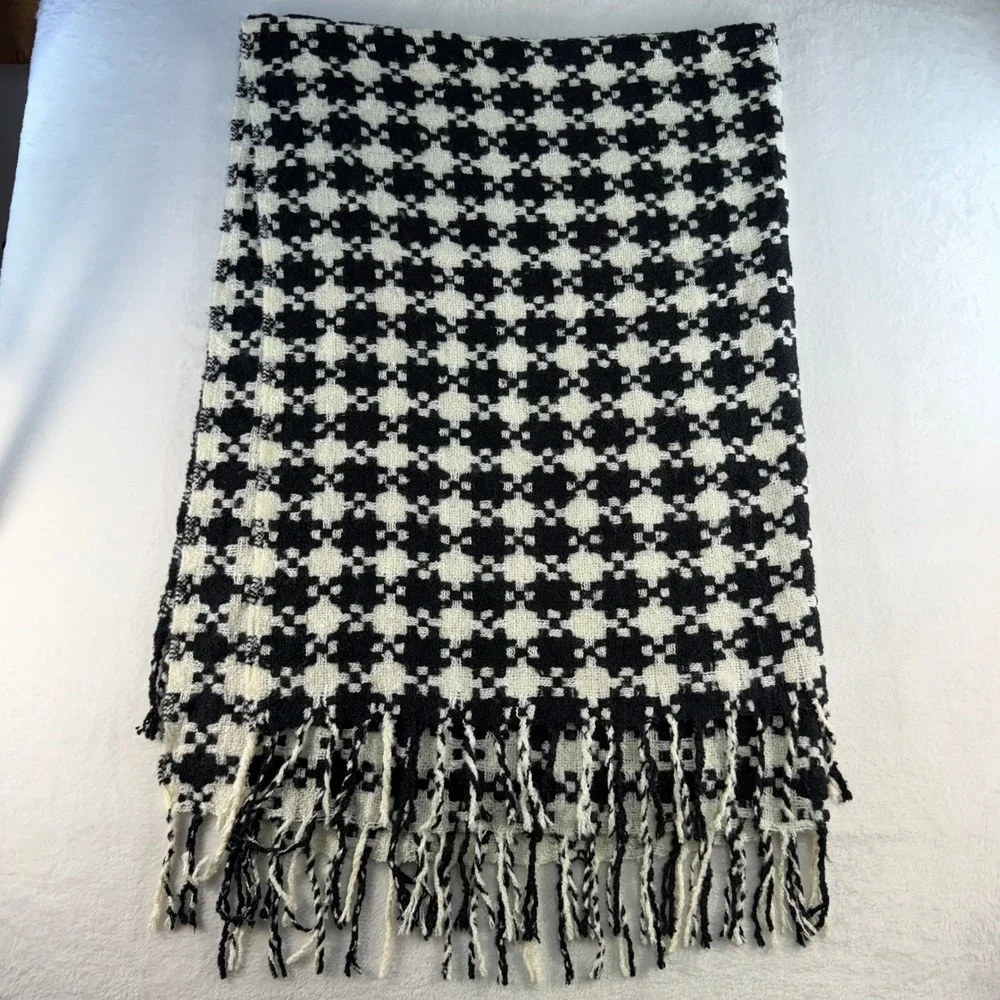 MacKenzie Childs Houndstooth Throw Blanket Fringe Black Ivory‎ 51
